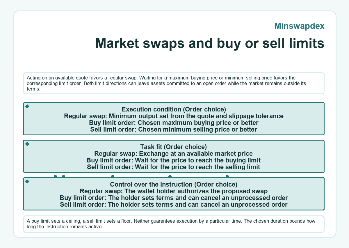 Visual outline: Minswapdex: Market swaps and buy or sell limits